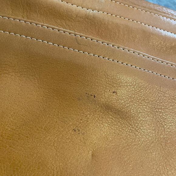 Vintage Tan Camel Leather Vinyl Turn Lock Shoulder Bag Purse Brown Gold Retro - Picture 9 of 14